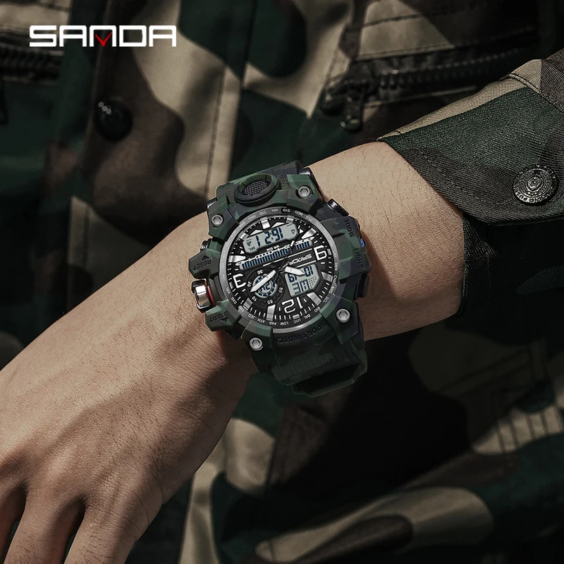 SANDA Men Sports LED Digital Watches Dual Display Analog Quartz Wristwatches Waterproof Camouflage Military Army Timing Watch