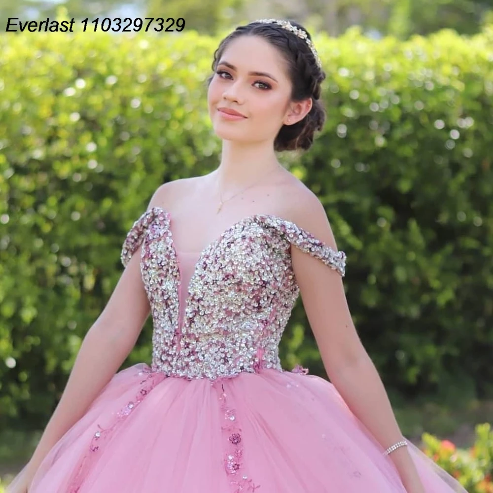 EVLAST Princess Hot Pink Quinceanera Dress Ball Gown Shiny Crystals Beaded Applique Mexican Sweet 16 Vestido De 15 Anos QD1111