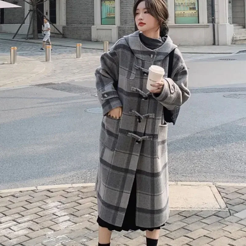 Woolen Long Coat Retro Plaid Warm Long Sleeve Hooded Outwear Cow Horn Button Office Lady Fashion Casual Loose Jacket