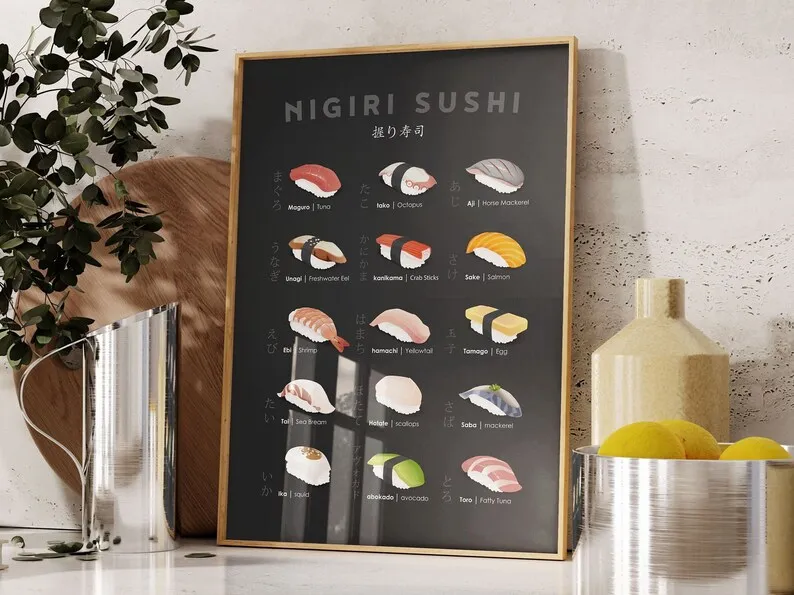 Japanese Food Sushi Recipe Guide Maki/Nigiri Sushi Seafood Poster Canvas Painting Wall Art Pictures Kitchen Home Shop Decor