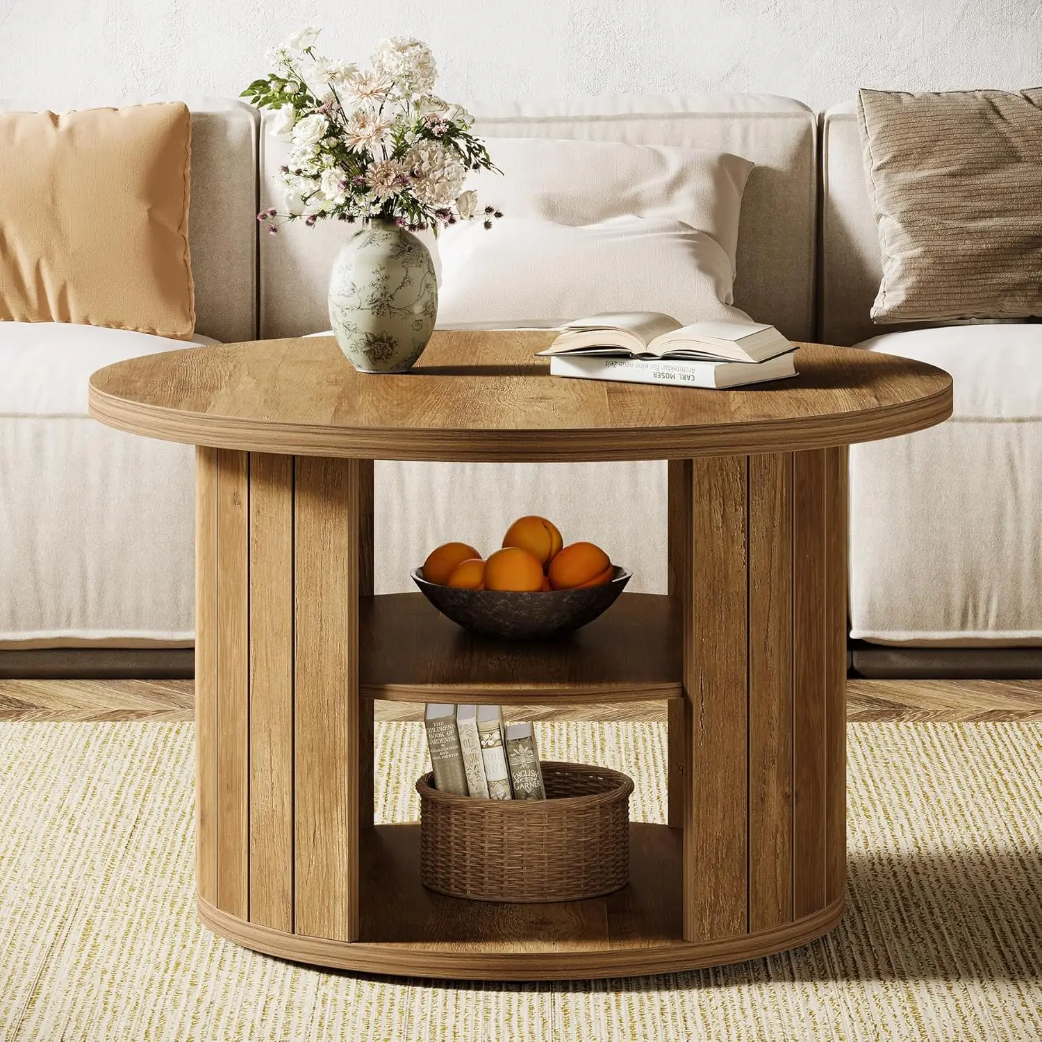 Mesa de centro con almacenamiento, mesa central circular pequeña de 31,5" para salón, marrón rústico
