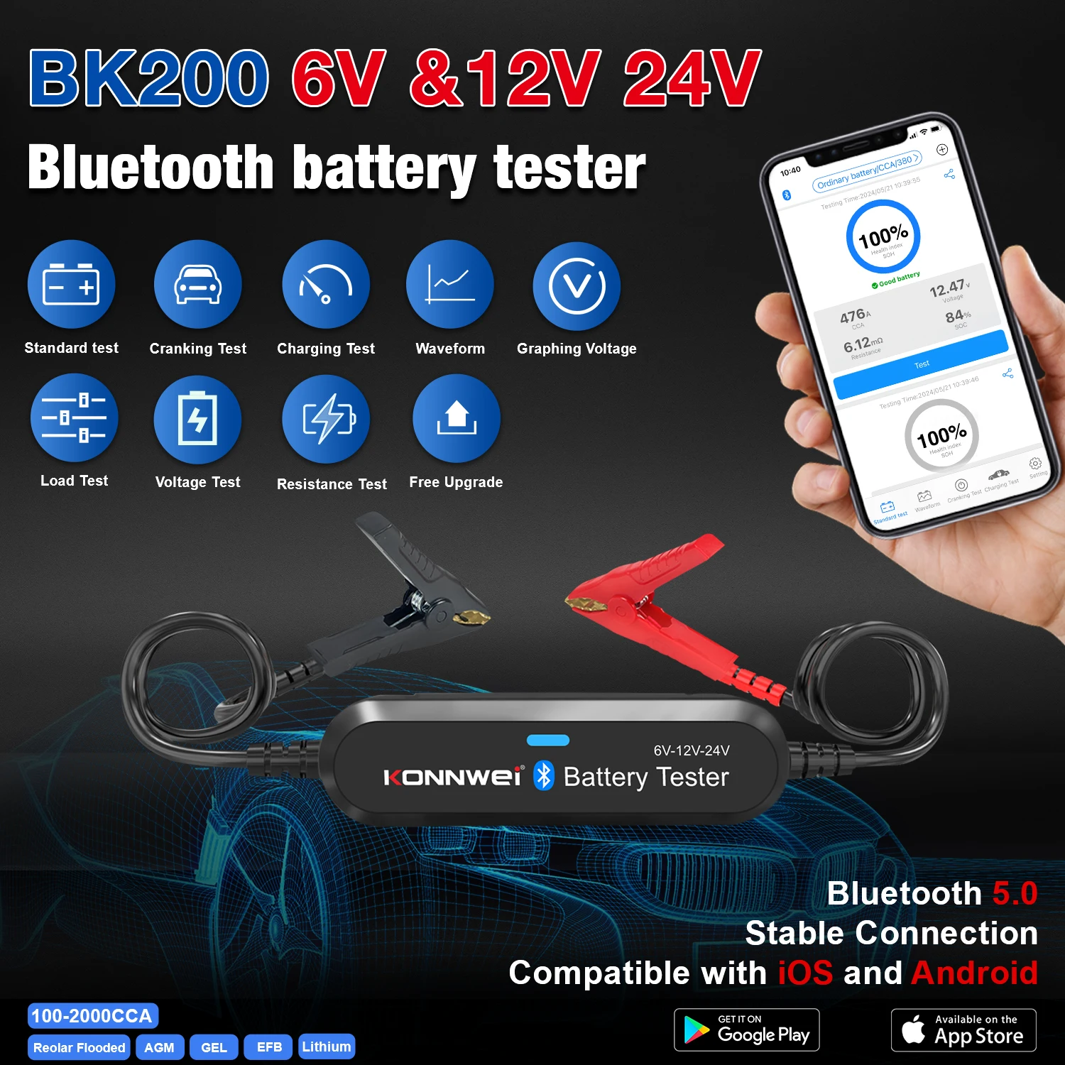 

6V 12V 24V Bluetooth Automotive Battery Tester 13 Languages Regardless of Protocol Display on Mobile Phone Screen