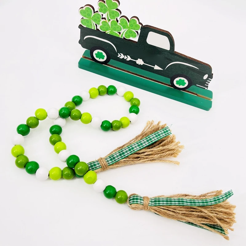 Top-St. Patrick's Day Wood Beads Garland With Tassel, Rustic Farmhouse Beads Prayer Beads Tiered Tray Home Spring Decoration