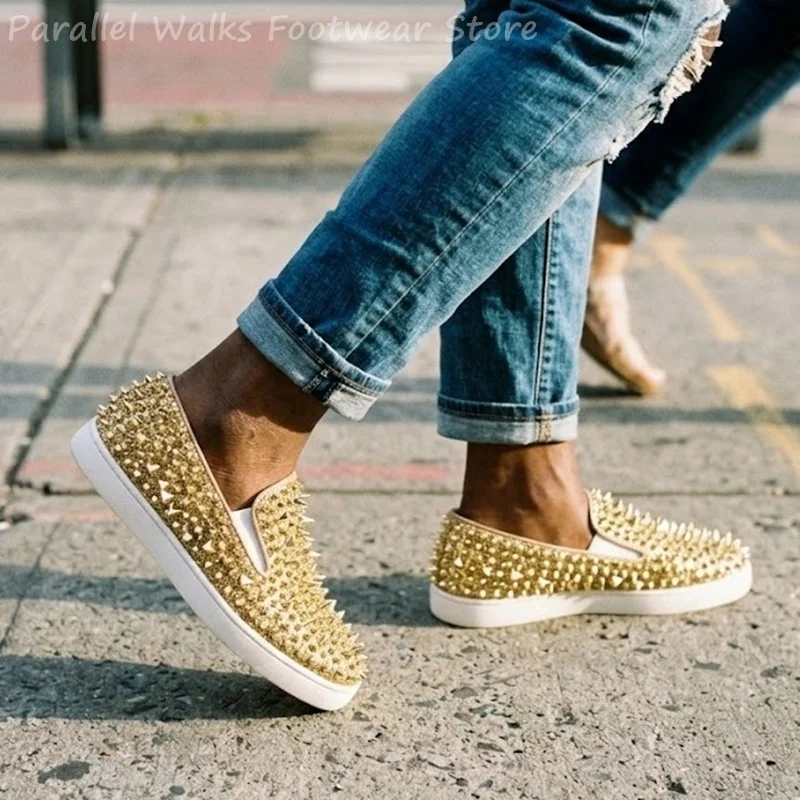 Gold Spiked Loafers Men Glitter Rhinestone Slip On Shoes Shiny Studded Casual Flats Party Prom Driving Moccasins Mens Sneakers
