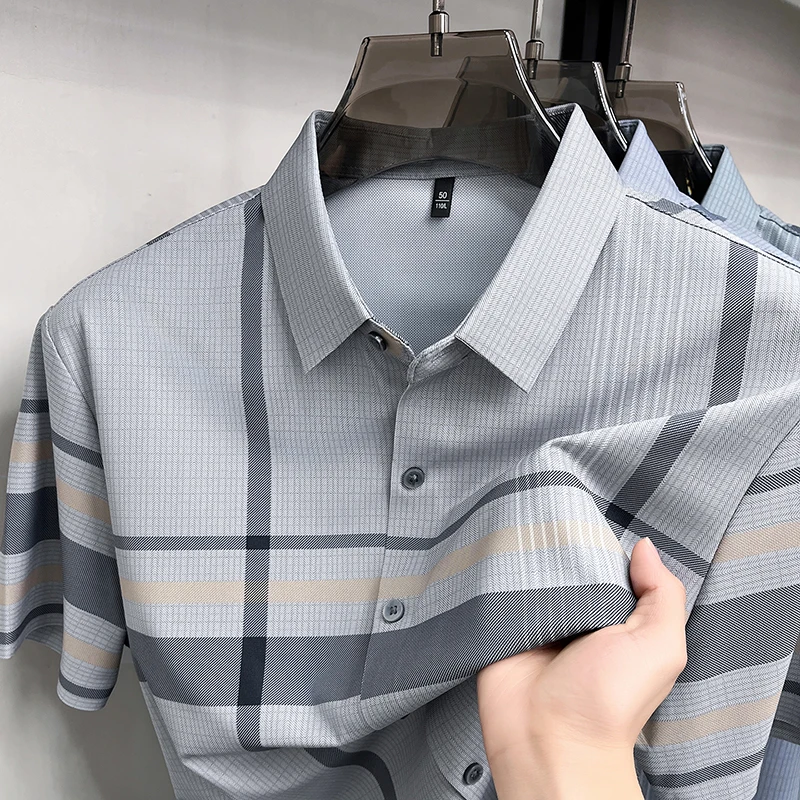 Personality striped checkered short sleeve shirt luxurious men's summer new casual breathable comfort high-quality fashion top
