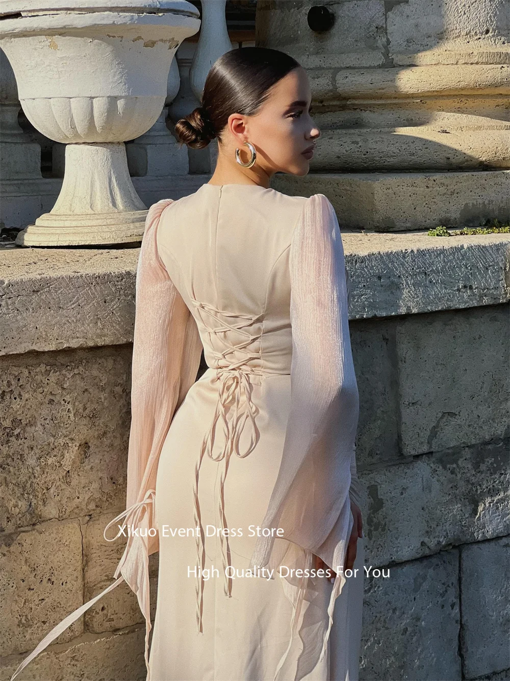 Xikuo Long Sleeves Elegant Evening Dress Straight Ankle Length Prom Gown Ruched Bodice Round Neck Sukienka Wieczorowa Customized