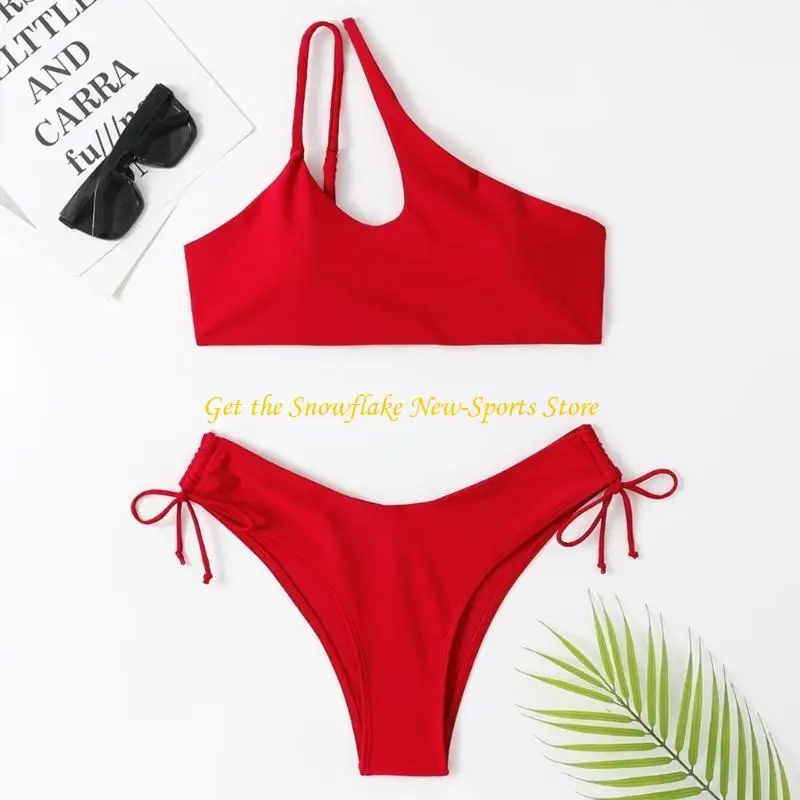 E56D damskie 2 szt. Stroje kąpielowe damskie jedno ramię zestaw dziewczęcy strój kąpielowy z wysokim stanem jednolite z