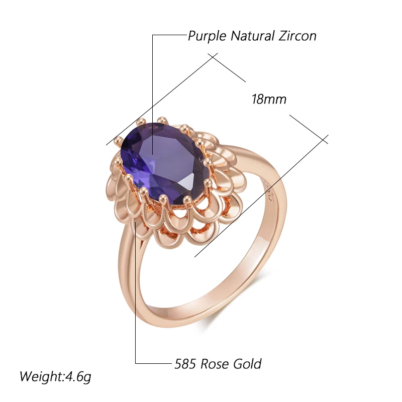 Kinel Hot Classic Big Oval Purple Natural Zircon Ring For Women Fashion 585 Rose Gold Color Crystal Flower Daily Vintage Jewelry image 2