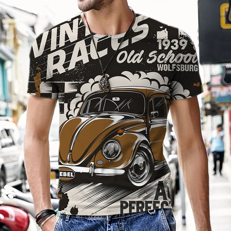 Summer Men\'s Vintage T-shirts Retro Car Fashion Tops 3D Printed O Neck Oversized Short Sleeve Harajuku Funny Mans Streetwear