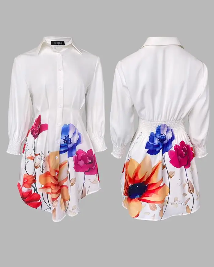 Abiti camicia da donna Abbigliamento autunnale Temperamento Moda femminile Stampa floreale Colletto rovesciato Manica lunga Abito casual con pieghe pressate