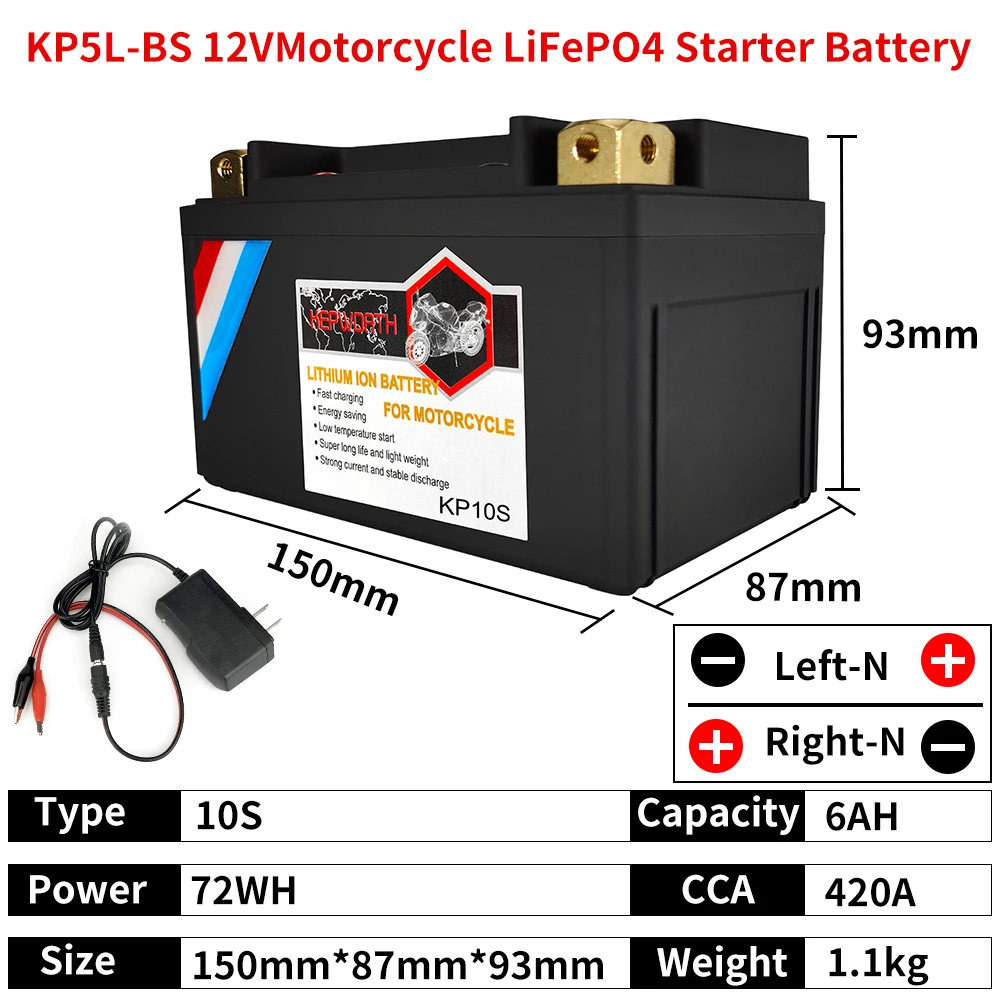 KP10S 12V 6Ah Motorcycle LiFePO4 Starter Battery 120Wh Scooter Lithium Battery CCA 420A Built-in BMS Replace YTZ10S YTZ10S-BS