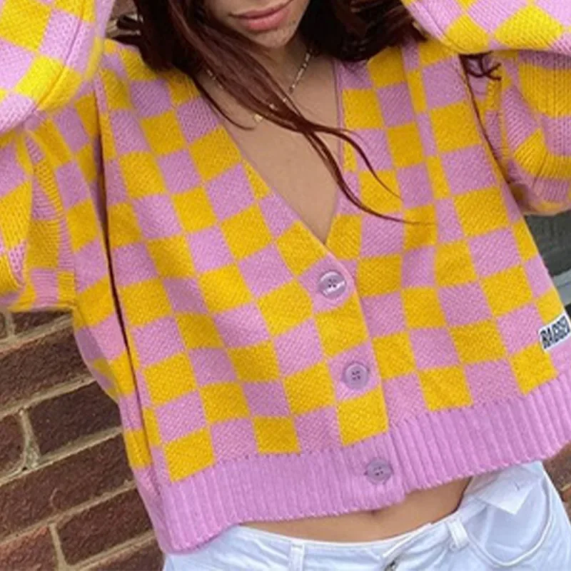 Cardigan Knitted V-neck Argyle Long Sleeve Sweet Single Breasted Short Sweaters Female Autumn Winter Women's Sweater Cardigans