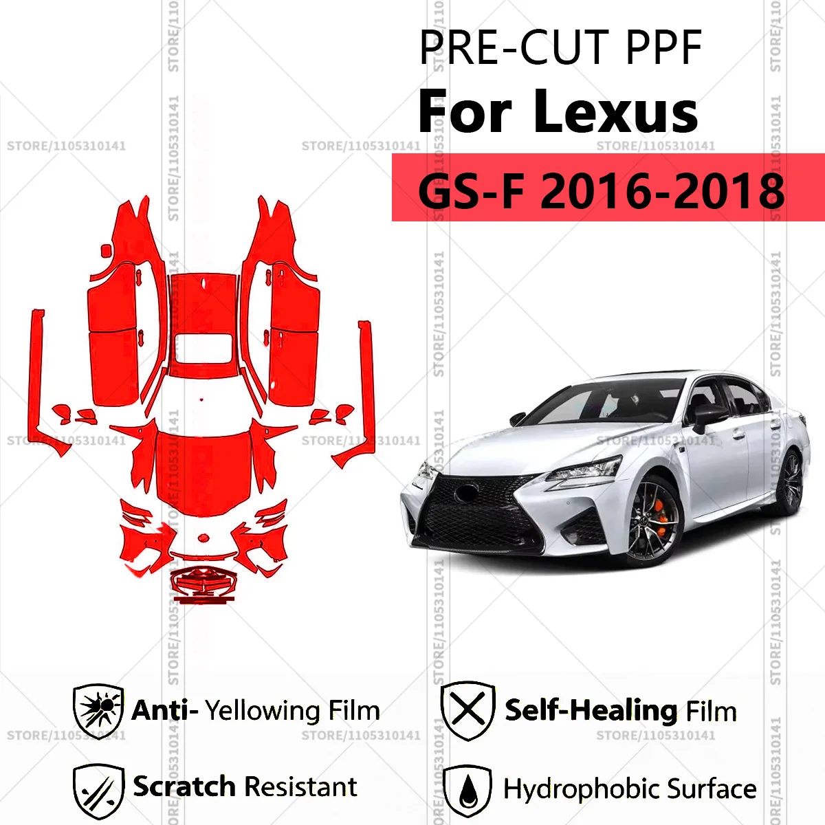 

Для Lexus GS-F 2016-2018: Предварительно вырезанная прозрачная защитная пленка (PPF) для автомобиля, профессиональная пленка для полной оклейки кузова.
