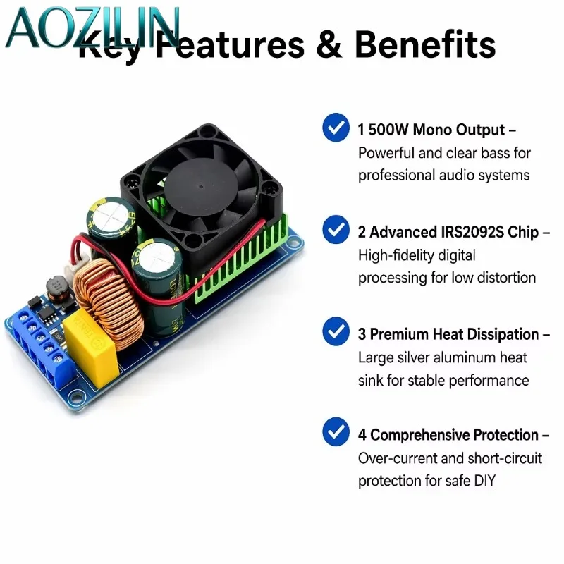 IRS2092S 500W Class D Digital Power Amplifier Board, Mono HIFI Stage Audio Amp Module, For DIY Speaker
