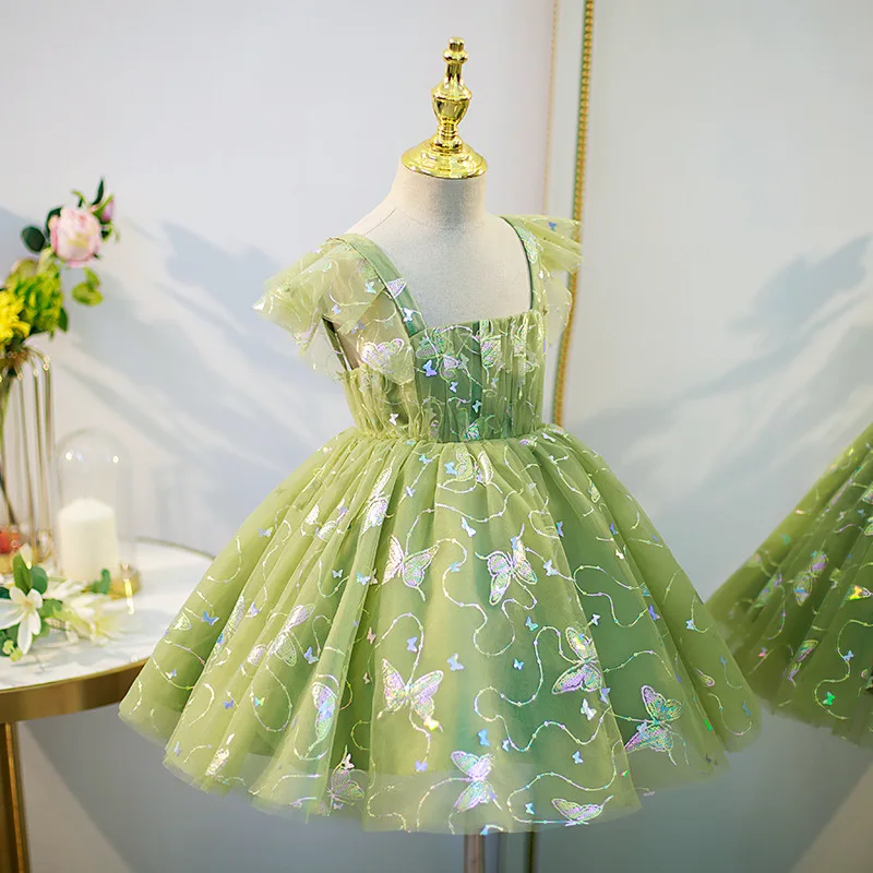 Elegant Green Tulle Princess Dress for Kids Sequin Butterfly Birthday Party Dress for 2-14Yr Girls Xmas Pageant Performance Gown