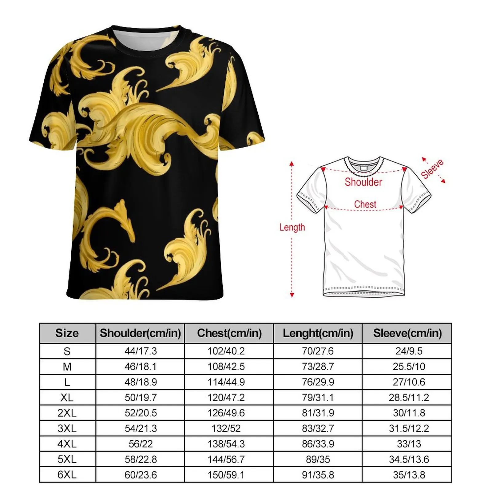 Baroque Leaf T-Shirt For Male Gold Floral Design O Neck T Shirts Beach Vintage Tops Short Sleeve Aesthetic Big Size Tee Shirt