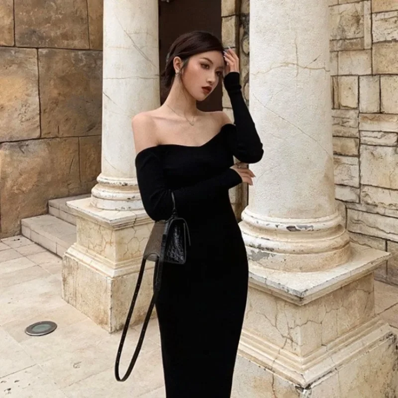 Sexy zwarte jurk zonder rug, elegante lange mouwen, off-shoulder gebreide jurk, elastische slanke lange banketverjaardagsjurk voor dames