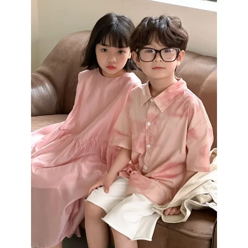 22241 Brother Sister Clothes Baby Short Sleeve Summer Clothes Korean Pink Lace-up Girl's Vest Dress Or Boy's Two-piece Suit