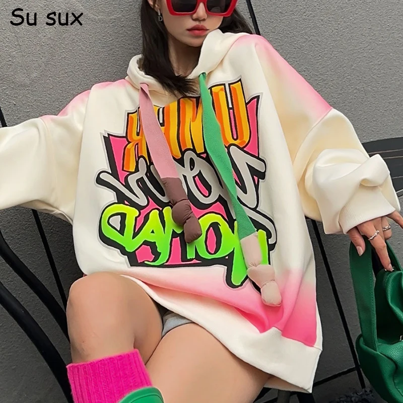 Graffiti Letter Hooded Sweatshirt Tops Women 2024 Autumn Winter Oversized Y2k Clothes Cotton Casual Loose Sportshirt Bust 132cm