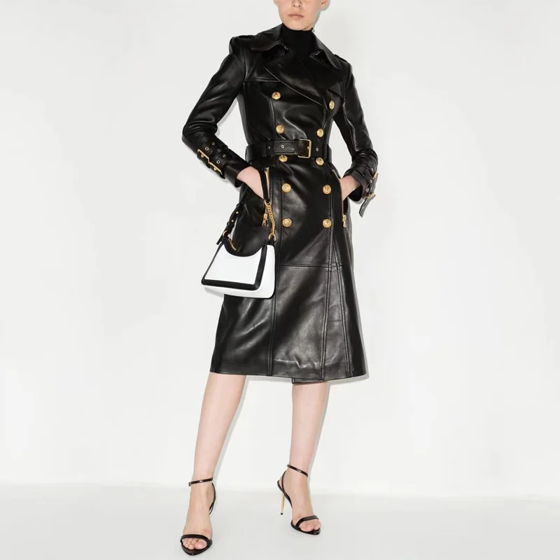 

Autumn and winter catwalk super heavy PU leather atmospheric trench coat with waist collection over the knee coat