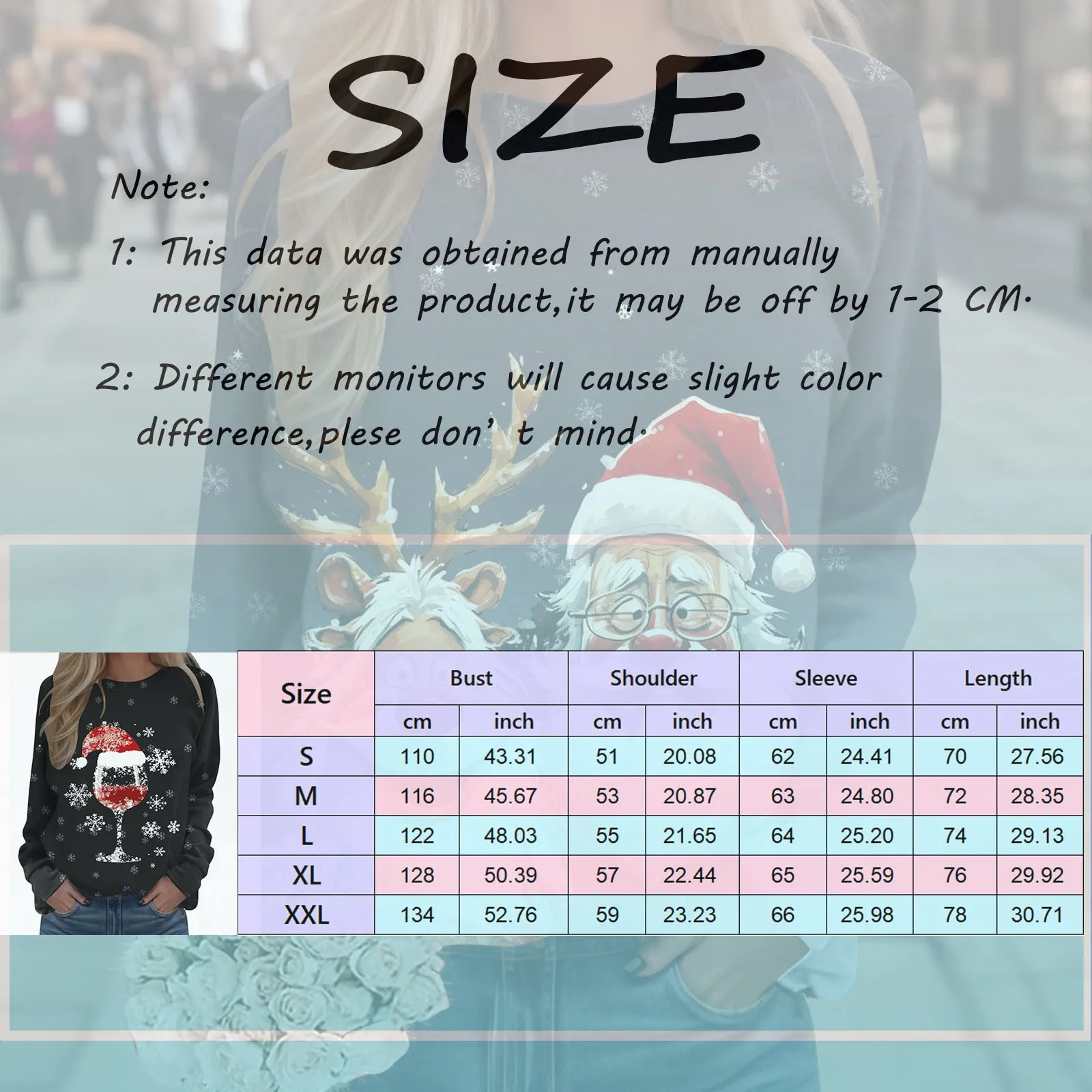 2024 Women Christmas Clothes Long Sleeve O-Neck Patchwork Casual Sweatshirts Snowflake Red Hat Wine Glass Print Pullover Sweater