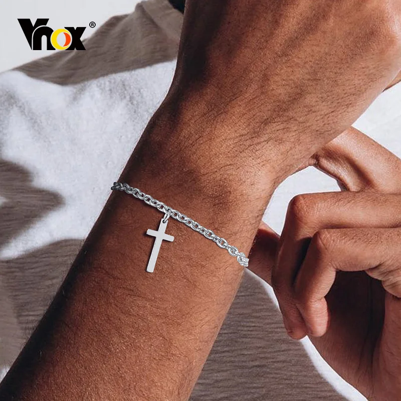 Vnox Cross Charm Bracelet for Men Women, Adjustable Stainless Steel Rolo Chain, Faith Christ Jesus Casual Male Boy Jewelry