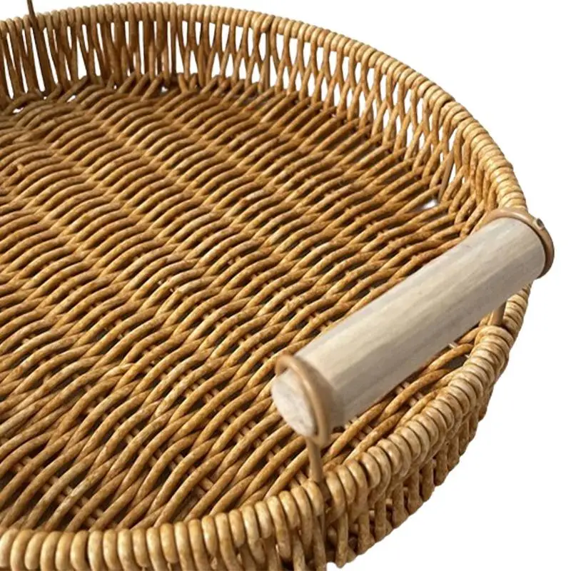 Rattan Tray Hand Woven Food Basket Fruit Tray Multi-Function Afternoon Tea Snack Plate Decorative Basket Storage Tray