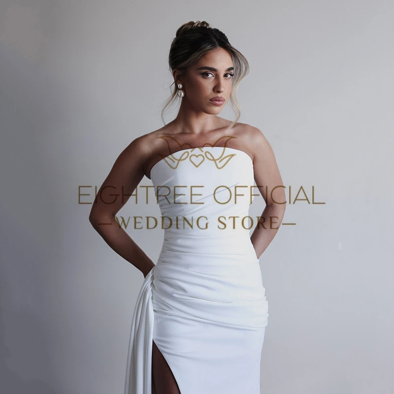 Eightree Einfache weiße Meerjungfrau-Brautkleider, trägerlos, seitlich geschlitzt, Satin-Brautkleid, formelle Maxi-Hochzeits-Abschlussballkleider, individuell gestaltet