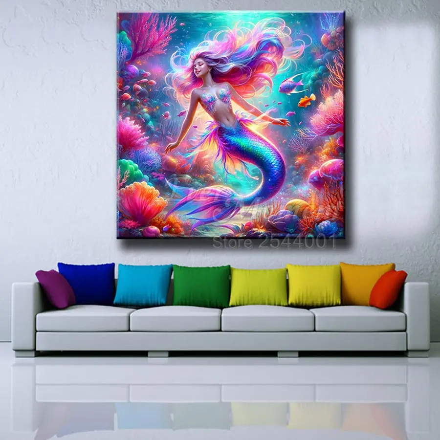 Ever Moment Mermaid in the Seabed Coral and fish Diamond AB Diamond Cross Stitch for Home Decor ASF3102