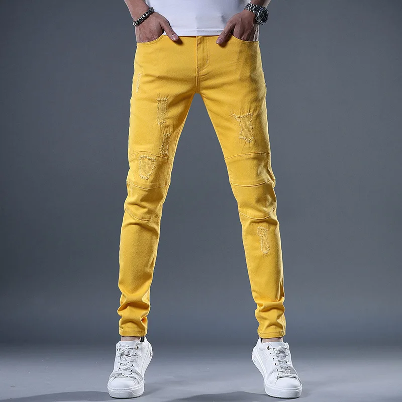 2022 New Yellow Red White Jeans Men Fashion Slim Fit Straight Pants Summer Streetwear Ripped Patch Denim Trousers