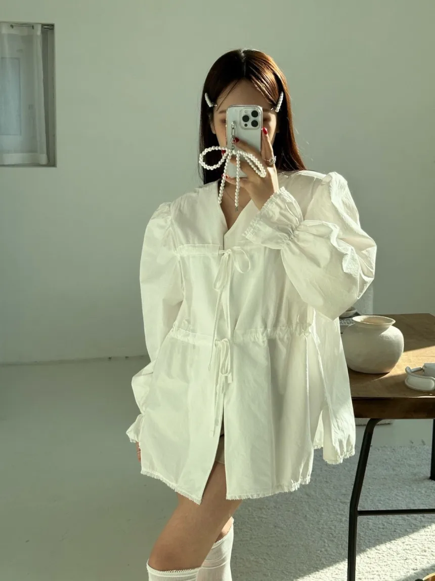

Women Bow Lace Up Long Sleeve Blouses Elegant Loose Spliced V Neck White Shirts Female Spring Summer Casual Shirt Tops