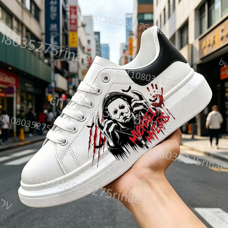 2026 Halloween Michael Myers Man Woman Non-Slip Wear-Resistant Black Pattern Printing White Tennis Shoes Ships in 24