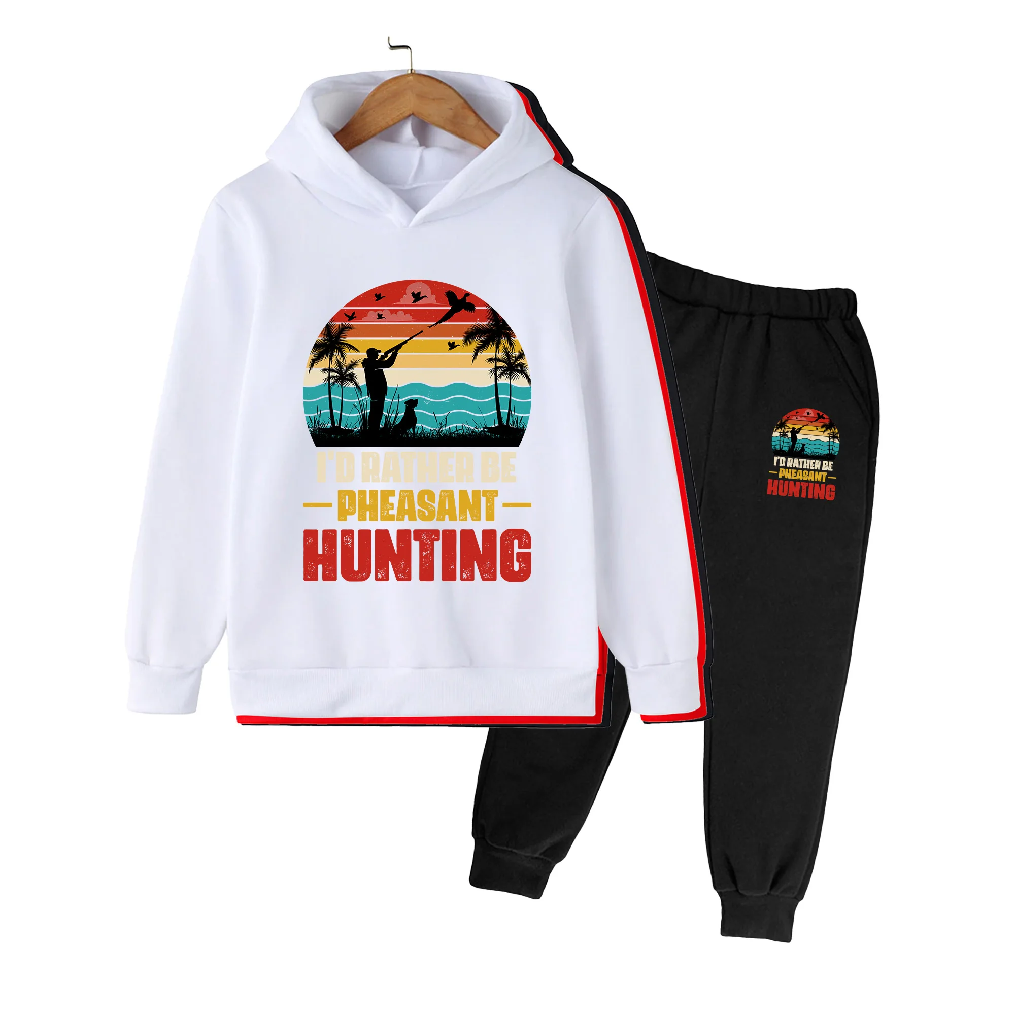 Kids Hoodie & Sweatpants Set, Retro Pheasant Hunting Print Casual Tracksuit for Boys Girls Outdoor Sports