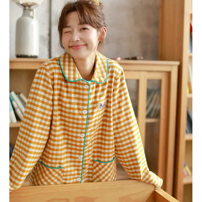 

Cute Plaid Pajama Set Women with Embroidery Patch Contrast Piping 100% Cotton Loungewear Button Down Sleepwear Soft Breathable