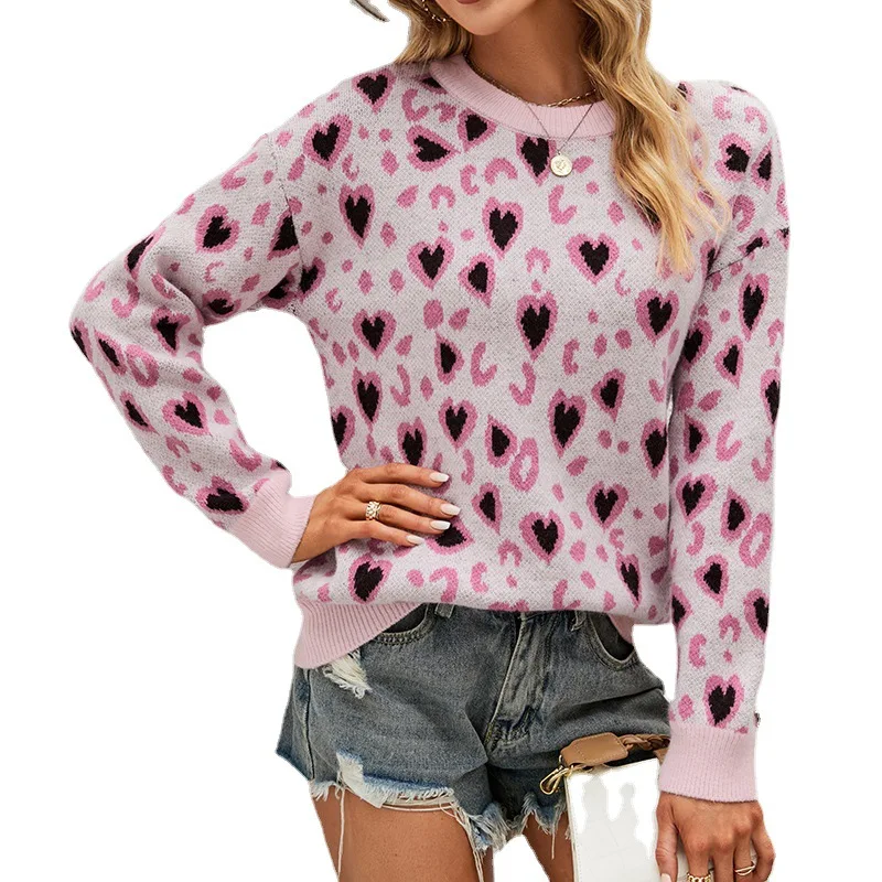 2023 autumn and winter new contrasting color love knitted sweater European and American cross-border round neck pullover women