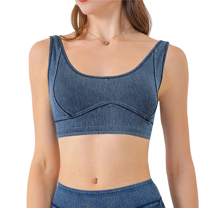 

FX-Women's Slim Cropped Denim Vest Stretchy Scoop Neck Pullover Jean Sports Bra Tank Top