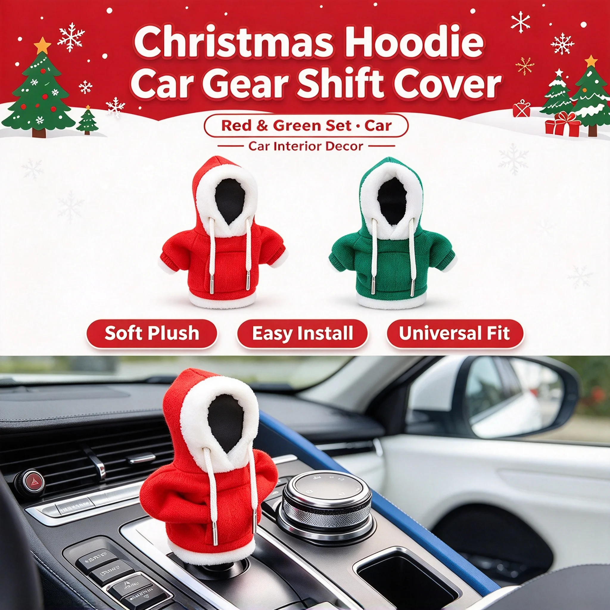 Christmas Plush Gear Shift Knob Cover Hoodie Cute Festive Car Interior Decoration For Car SUV Truck Van Auto
