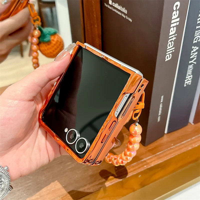 موضة البرتقال تصفيح التجاعيد ثلاثية الأبعاد زهرة قضية الهاتف لسامسونج غالاكسي Z فليب 7 6 5 4 3 ZFlip6 ZFlip7 غطاء مع سلسلة لطيف #2