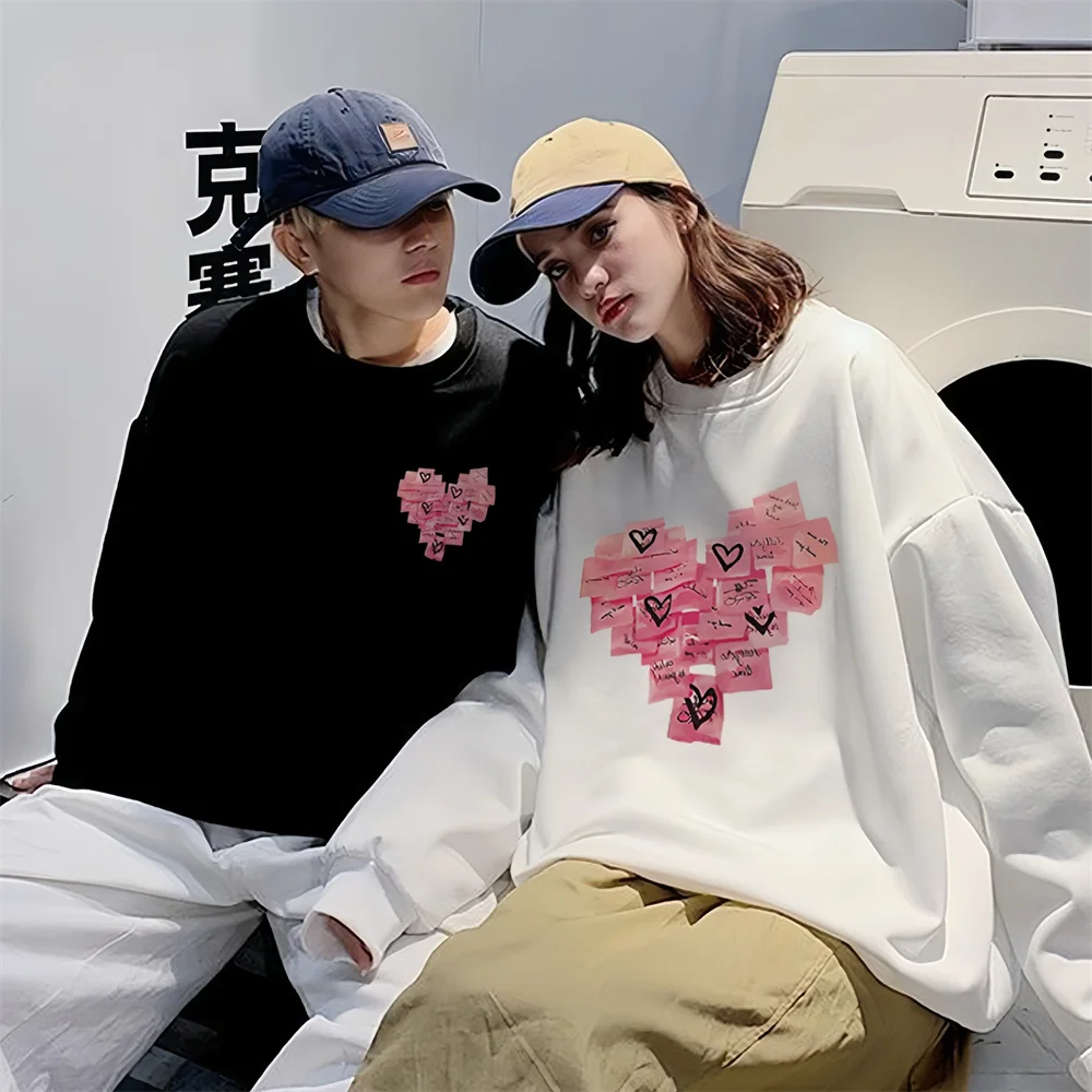 

500g Cotton Top Quality Pink Love Heart Print Couple Hoodies Sweater For Men Women Autumn Winter Fleece Long Sleeve Pullovers