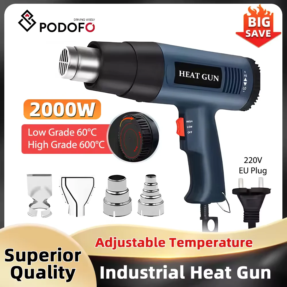 Pistola de Calor Podofo 220V 2000W 4 Boquillas 60-600 ° F Enchufe europeo de combinación estándar infinitamente ajustable para soldadura, moldeador y secado