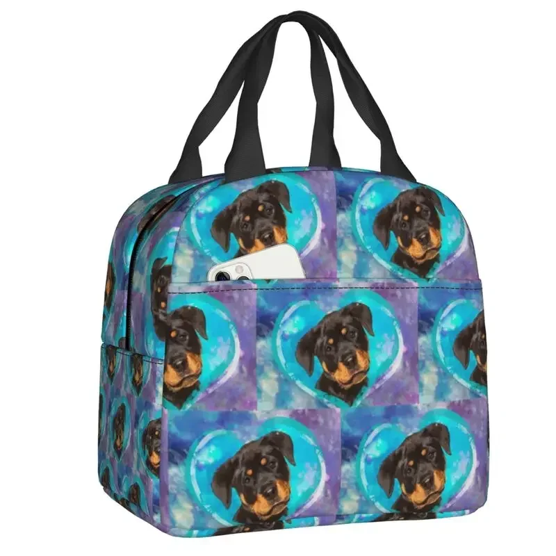Adorable Heart Rottweiler Puppy Portable Lunch Boxes for Multifunction Dog Cooler Thermal Food Insulated Lunch Bag Kids School