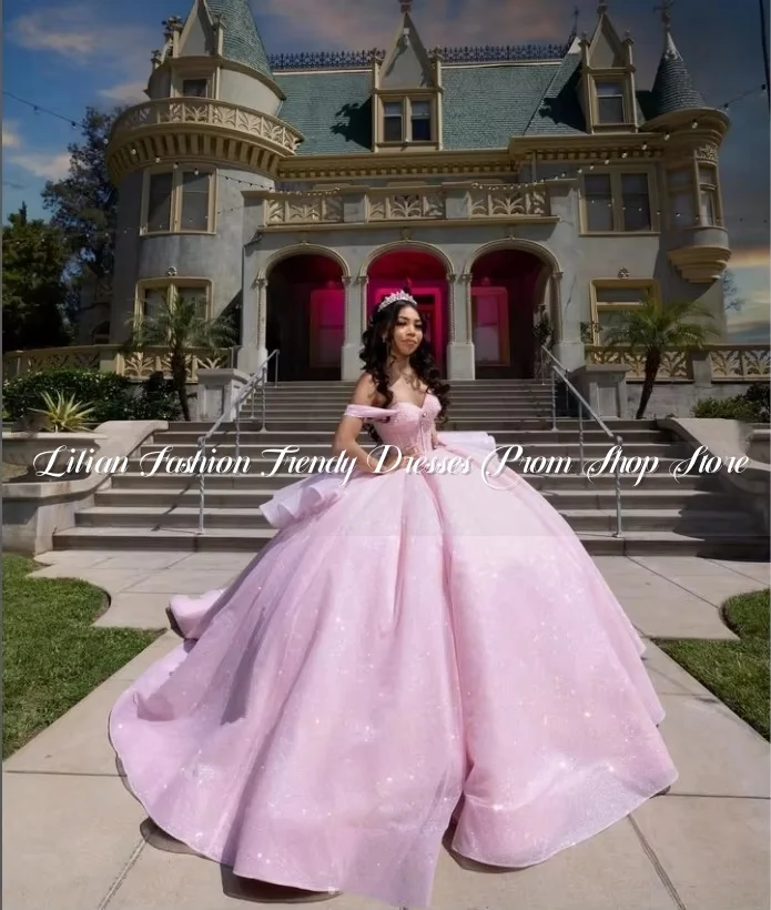 Light Pink Luxury Princess Quinceanera Dresses Off Shoulder Glitter Sweetheart Mexican Charro A-Line Prom Dress vestido 15 anos