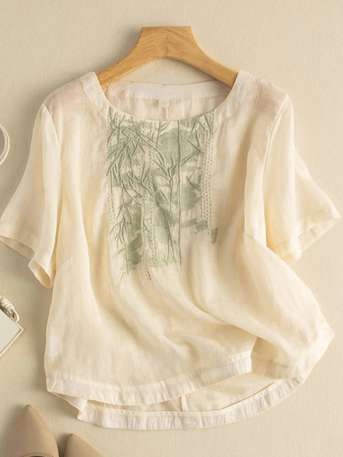 Retro Embroidered Cotton Linen ort Sve T-irt Women's Loose Fit Summer round Ne Plant Floral Pattern Commute Sle