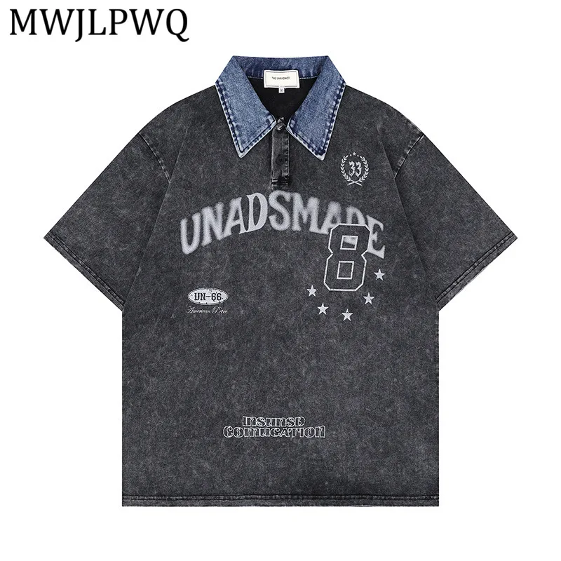 

MWJLPWQ Summer New Retro Washed Denim Polo Collar T-Shirt American Short-Sleeve Men's Street Racing Style Design Tops Tide 15744