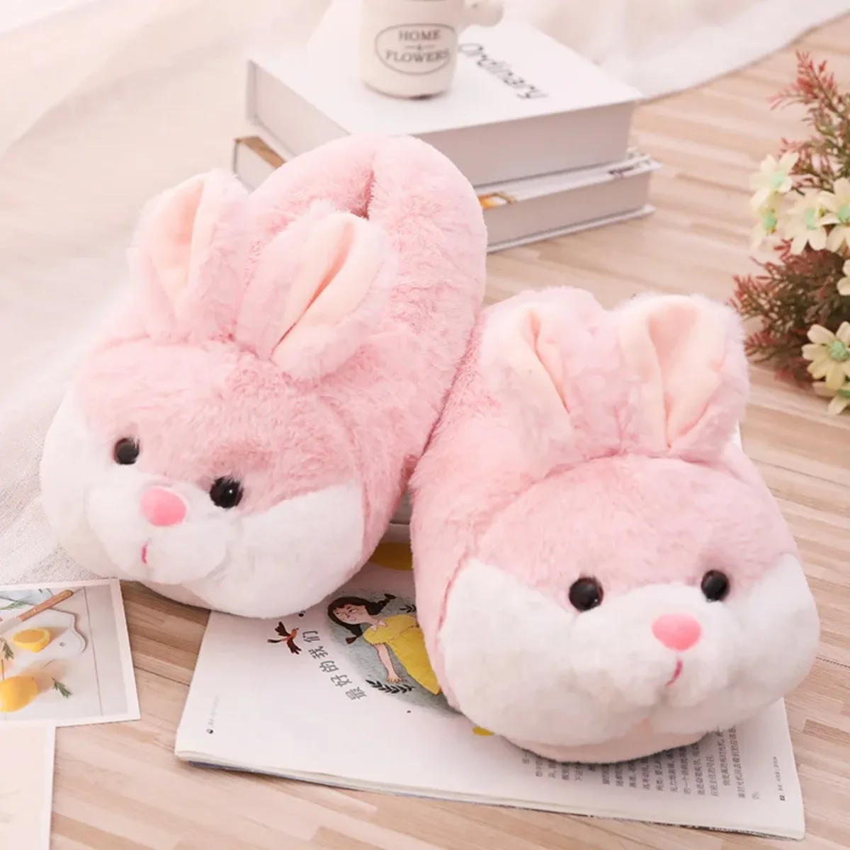 Women House Fur Slippers Casual Cute 3D-shaped Lovely Bunny Rabbit Design Pink Grey Winter Indoor Warm Soft Soles Comfy Home New