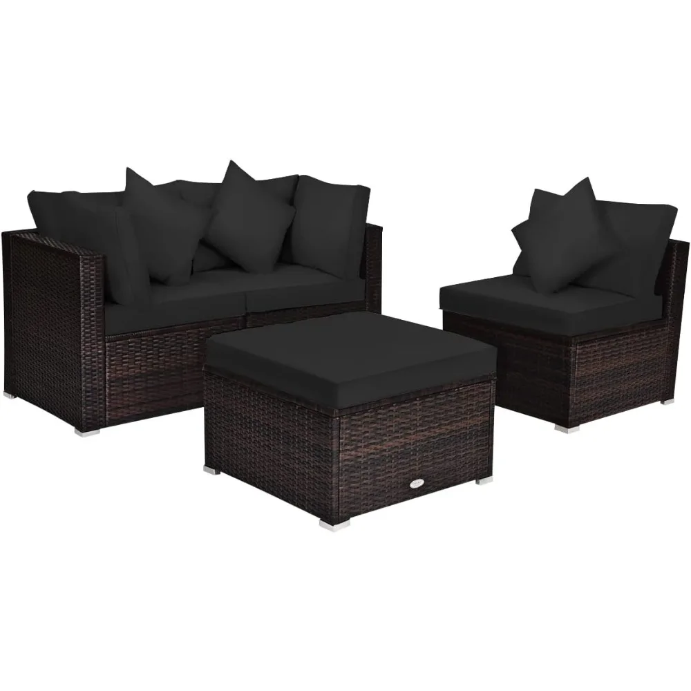 

4 PCS Patio Rattan Sofa Set, Outdoor Wicker Sectional Furniture Set, Patio Conversation Set with Removable Cushions & Pillows