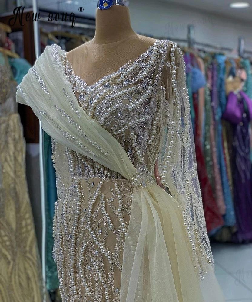 Vestido de fiesta de boda árabe champán claro para mujer, vestido de compromiso musulmán de manga larga con sobrefalda, vestido de perlas de marfil