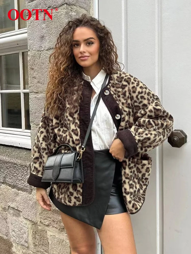 OOTN Polar Fleece Warm Leopard Print Coats Women Street Style Patchwork Pockets Long Sleeves Outerwear Autumn Winter 2024 Ladies