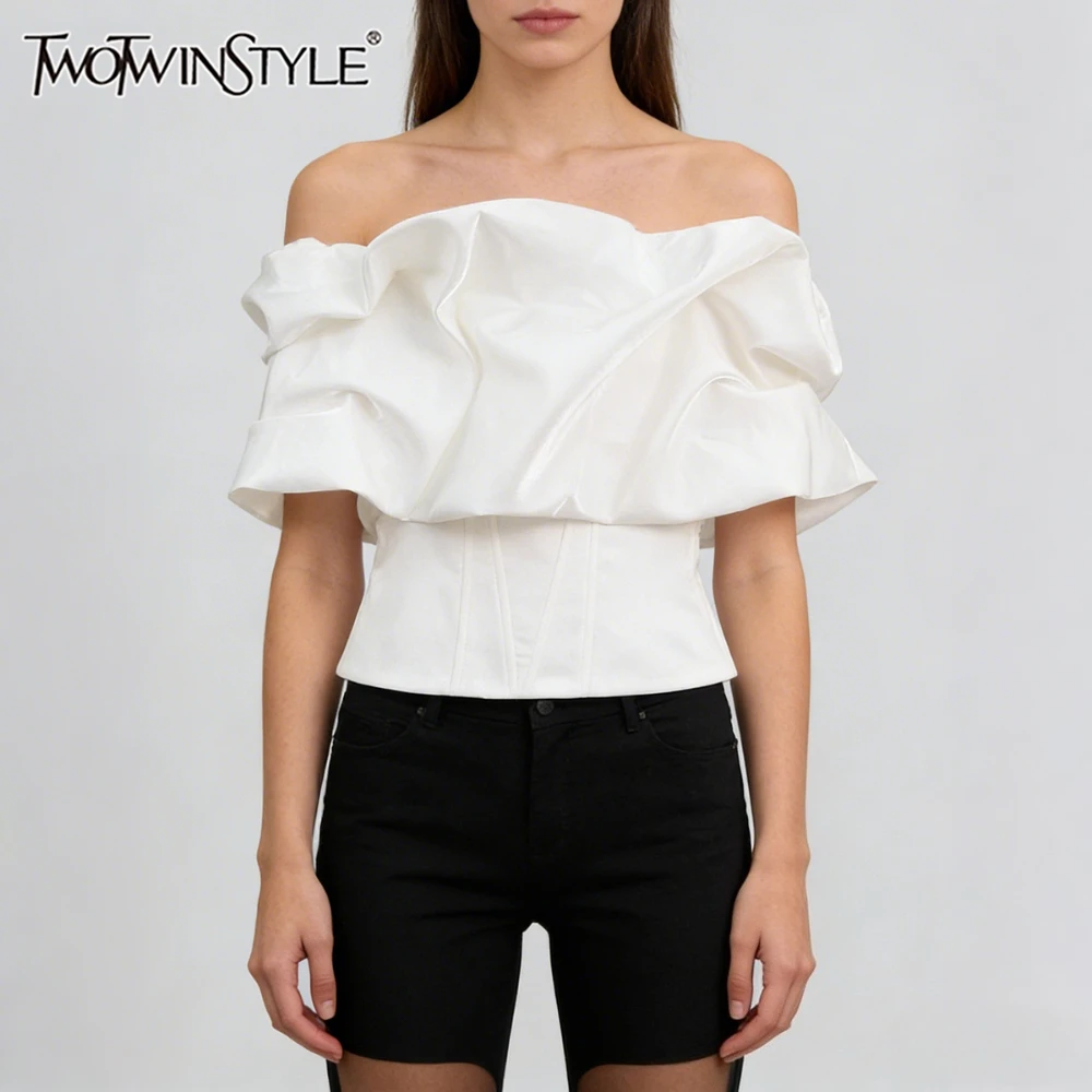 TWOTWINSTYLE Edgy Street Style Black Off The Shoulder Ruffle Tops for Women Short Puff Sleeve Corset Waist for Luxury Dinners