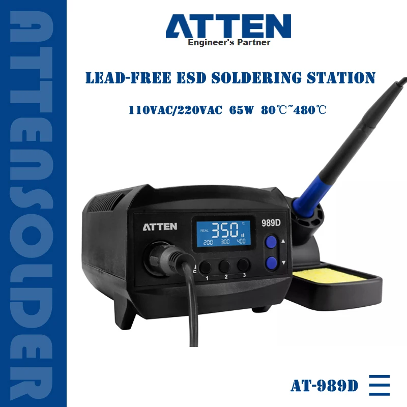 ATTEN AT-989D Lead Free ESD Digital Soldering Station 65W 110VAC/220VAC Constant Temperature Electric 900M-T Soldering Iron